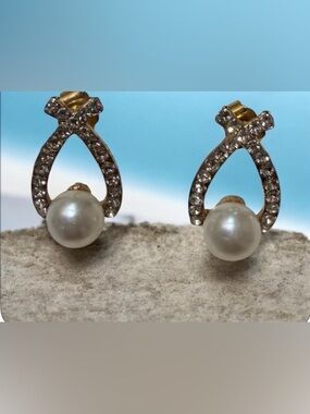 Gold-Tone Faux Pearl Drop Earrings with Stones Accents-Preowned